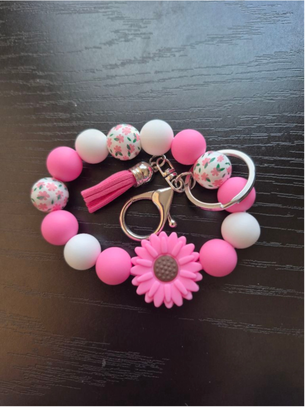 Women's Pink & White Beaded Keychain Bracelet One Size
